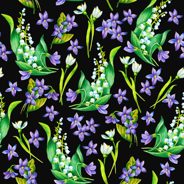 Spring flowers: snowdrop, may-lilly, viola  seamless pattern, ha - Фото, зображення
