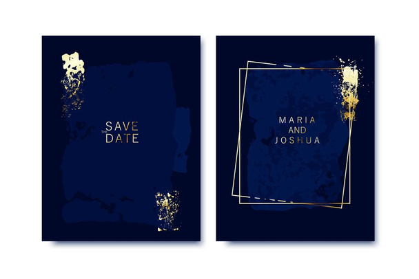 Modern card design. Brush stroke texture. Gold, indigo colors brochure, flyer, wedding invitation template. - Vector, Imagen