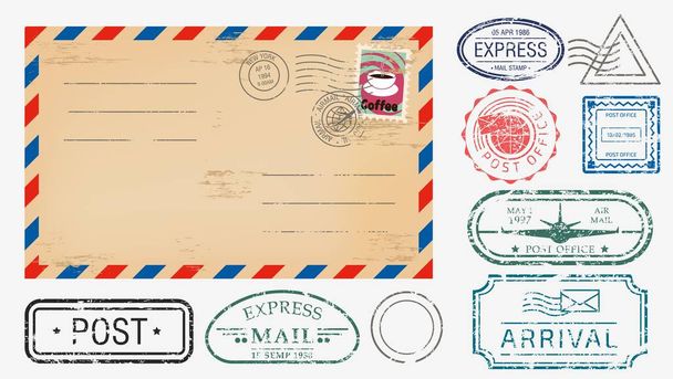 Realistinen kirjekuori erilaisilla postimerkeillä asetettu vektori graafinen kuva
 - Vektori, kuva