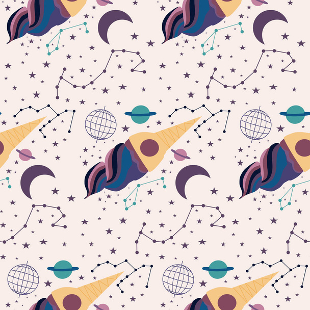 seamless pattern with space ship ice cream. - Vector, Image