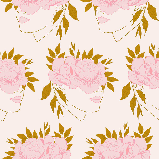 roze bloem compositie en vrouw gezicht in een naadloos patroon ontwerp - Vector, afbeelding