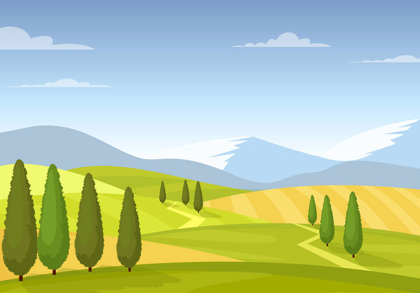 Fields and meadows colorful rural landscape vector illustration - Vector, imagen