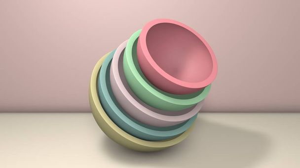 3D-Illustration mehrerer Halbkugeln, Kugelhälften ähnlich Tellern, Tassen.. die Segmente sind zufällig angeordnet. 3D-Darstellung, abstrakter minimalistischer Hintergrund. - Foto, Bild