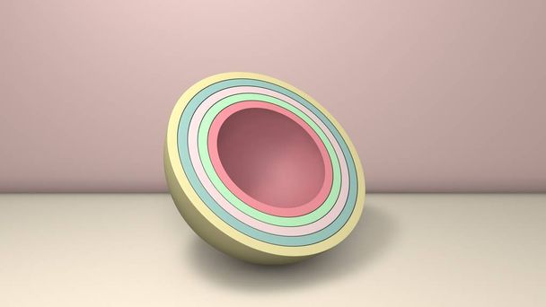 3D-Illustration mehrerer Halbkugeln, Kugelhälften ähnlich Tellern, Tassen.. die Segmente sind zufällig angeordnet. 3D-Darstellung, abstrakter minimalistischer Hintergrund. - Foto, Bild
