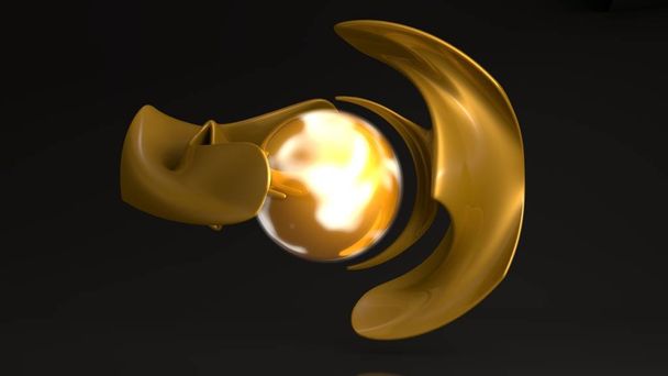 Composição 3D de duas figuras douradas únicas conectadas por uma esfera brilhante, uma bola brilhante. Renderização 3D futurista de formas abstratas únicas, ideias de prosperidade e luxo, poder e energia
. - Foto, Imagem