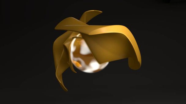 3D-Komposition aus zwei einzigartigen goldenen Figuren, die durch eine glühende Kugel verbunden sind, eine leuchtende Kugel. futuristische 3D-Darstellung einzigartiger abstrakter Formen, Ideen von Wohlstand und Luxus, Macht und Energie. - Foto, Bild