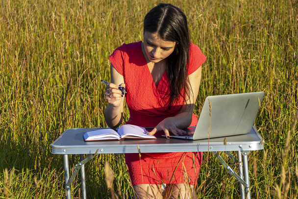 Caucasian girl with a laptop on the nature - Fotografie, Obrázek