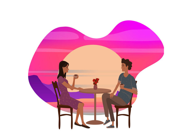 Aranyos pár ül az asztalnál, teát vagy kávét isznak, és beszélgetnek a naplemente tengeri óceánon. Fiatal férfi és nő romantikus kapcsolat. Férfi női karakterek. Vektor illusztráció lapos rajzfilm - Vektor, kép