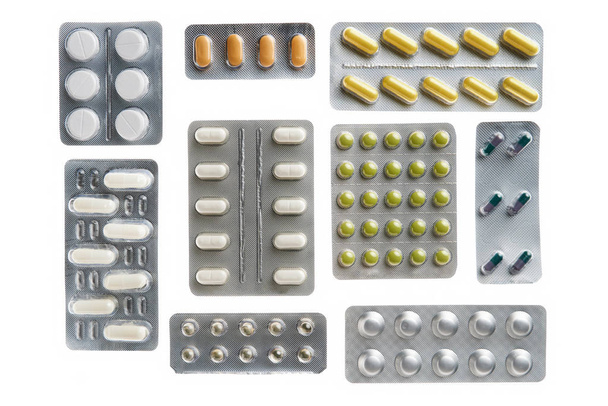 Pillen Blasen, Tabletten, Vitamine, Medikamente, Kapseln, Medikamente und Nahrungsergänzungsmittel für das Gesundheitswesen. Pharmaindustrie. Apotheke. isoliert auf weißem Hintergrund. - Foto, Bild