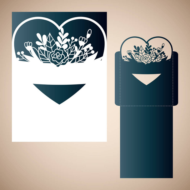 Openwork heart with tender flowers. Vector Laser cutting template. - Vector, Image