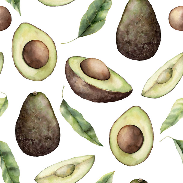 Watercolor summer samless pattern with brown avocado, slice and leaves. Hand painted tropical fruit and leaves isolated on white background. Floral illustration for design, print, fabric, background. - Photo, Image