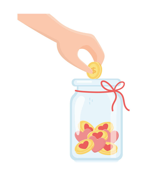 mano spingendo moneta in vaso di vetro beneficenza e donazione concetto - Vettoriali, immagini