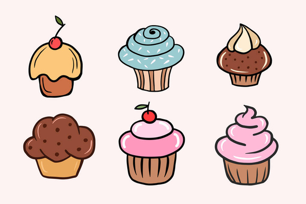 Set of cupcakes. Set of Vector color illustrations of cupcakes in cartoon style. Drawing cakes by hand. - Vettoriali, immagini