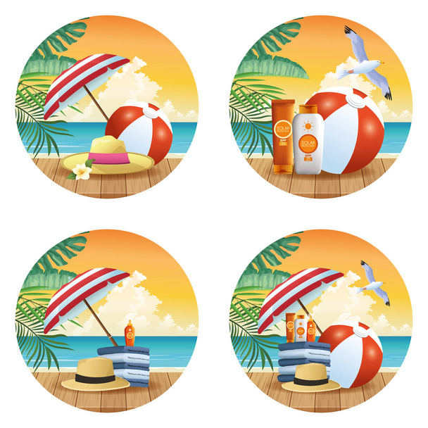 Summer and beach products cartoons set of round icons - Vecteur, image