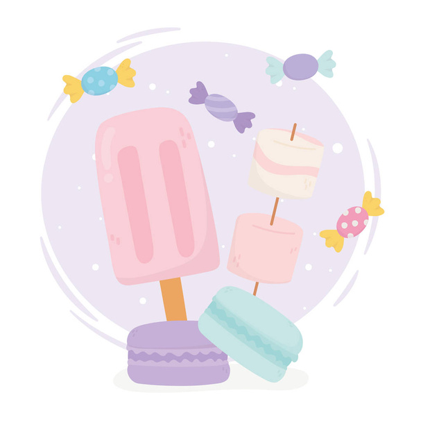 productos dulces helados crujiente macaron y caramelos - Vector, imagen