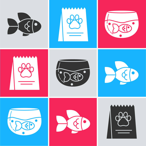 Set Fish, Bag of food for dog and Aquarium with fish icon. Vector - Vetor, Imagem
