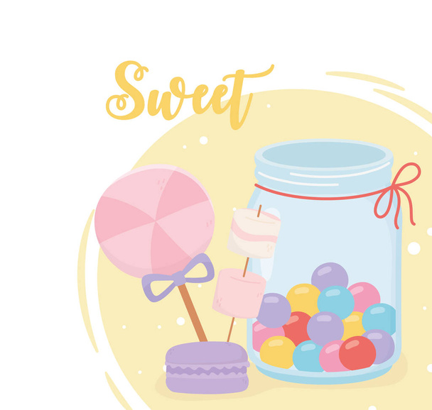 sweet products macaron biscuit marshmallow lollipop and jar glass with caramels - Vector, Image