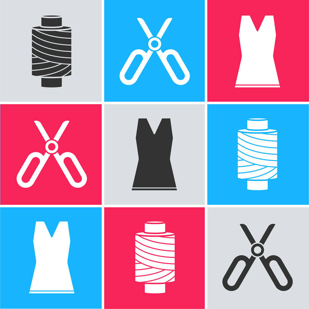 Set Sewing thread on spool, Scissors and Woman dress icon. Vector - Vector, Image