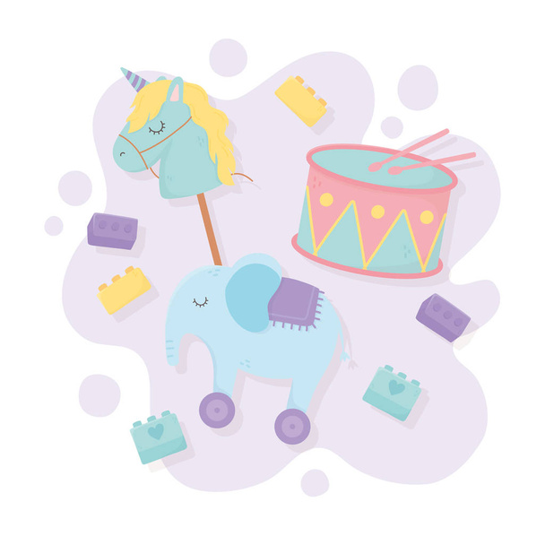tambor elefante cavalo vara blocos desenhos animados crianças brinquedos - Vetor, Imagem