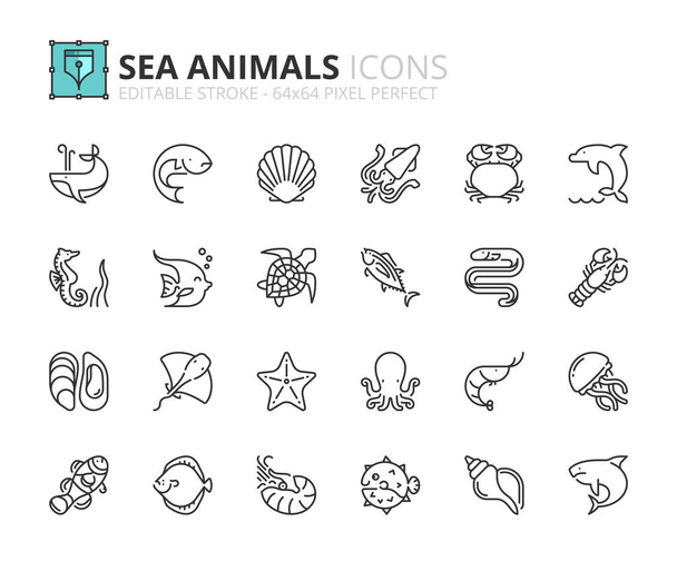 Simple set of outline icons about sea animals. Sea world. - Vector, Image