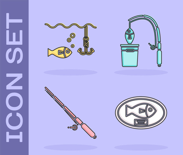 Set Fish trophy hanging on the board, Fishing hook under water with fish, Fishing rod and Fishing rod and fish icon. Vector - Vector, Image