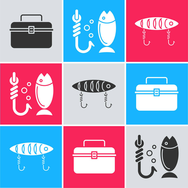 Set Case or box container for wobbler and gear fishing equipment, Fishing and Fishing lure icon. Vector - ベクター画像