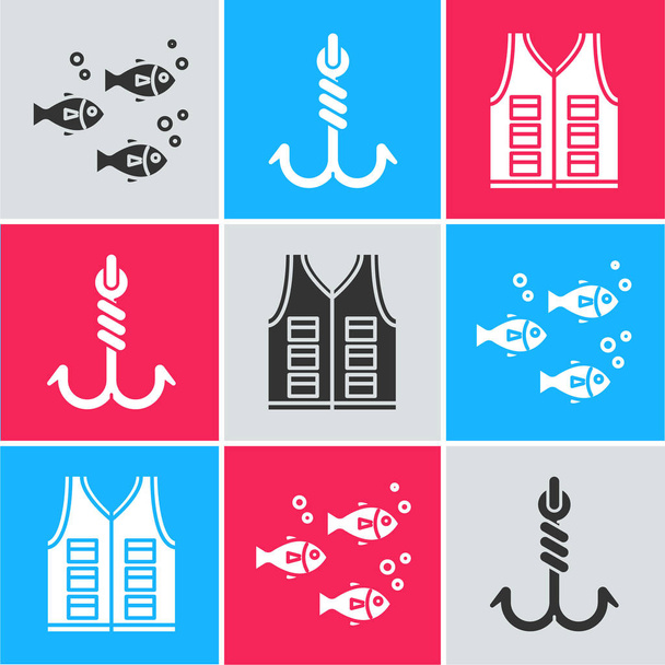 Set de pescado, anzuelo de pesca y el icono de la chaqueta de pesca. Vector
 - Vector, Imagen