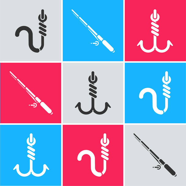 Conjunto gancho de pesca y gusano, Caña de pescar y gancho icono de pesca. Vector
 - Vector, Imagen