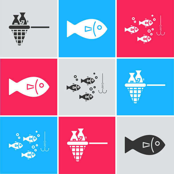 Establecer red de pesca con pescado, Pescado y anzuelo de pesca bajo el agua con icono de pescado. Vector
 - Vector, Imagen