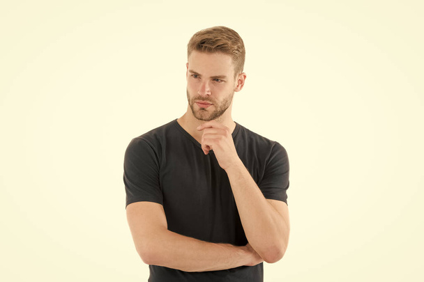 Guy handsome with unshaven face and mustache. Beard and hair care barber shop. Casual but handsome. Handsome bearded man with stylish hair and healthy young skin. Skincare and male beauty concept - 写真・画像