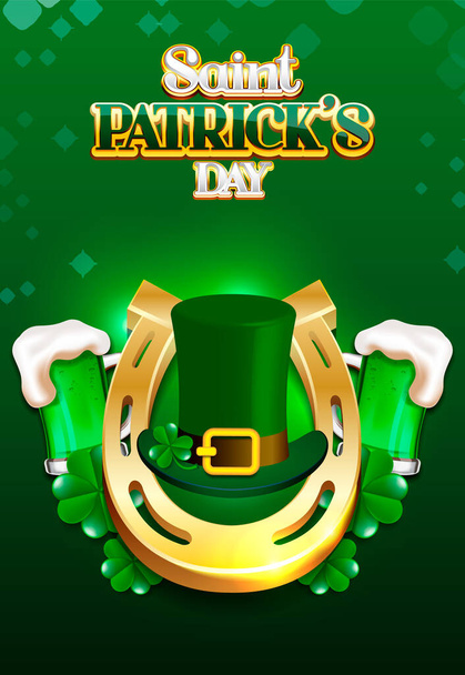 Happy Saint Patrick's day. Hat, Gold Horse shoe and Beer Vector illustration - Vector, Image