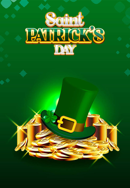 Happy Saint Patrick's Day stack of coins and leprechaun's hat - Vector, Image