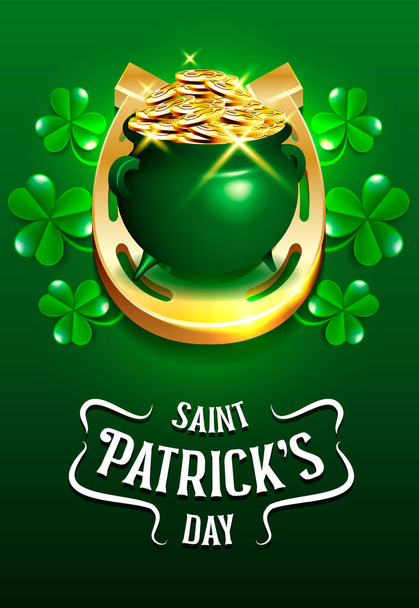 Gelukkige Saint Patrick 's Day kabouter' s pot met munten en Shamrock - Vector, afbeelding
