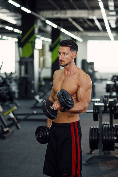 Sporty fitness man doing exercises for biceps using dumbbells on the stylish gym background. - Foto, Bild
