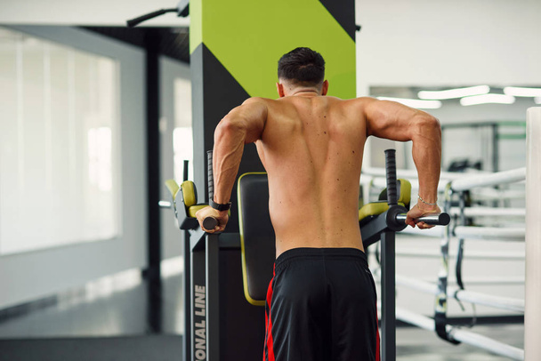 Strong man doing push-ups on parallel bars while training in modern gym. Back view. Sporty and healthy concept. - Photo, Image