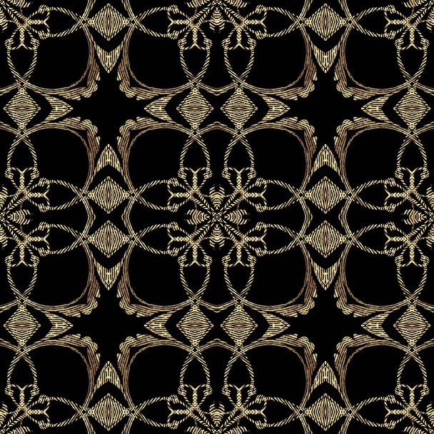 Textured gold arabesque 3d seamless pattern, Vector grunge ornamental background. Modern repeat grungy backdrop. Golden vintage floral ornament with textured flowers, leaves, swirls, lines, shapes - Vektor, Bild