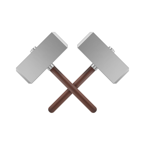 Martelli in metallo incrociato realistici con manico in legno. L'icona dell'arma di Thor. Illustrazione vettoriale
. - Vettoriali, immagini