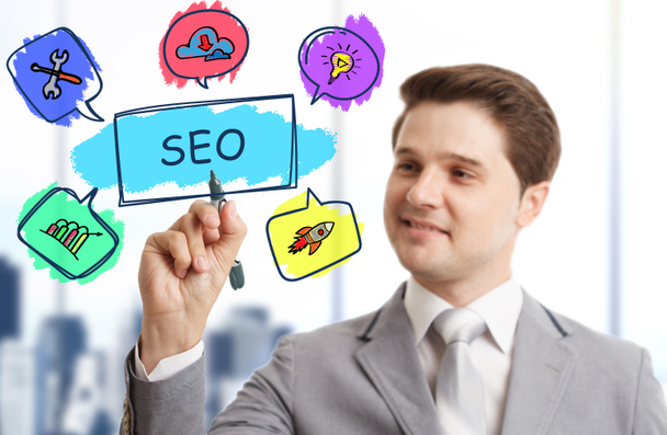 Negócios, Tecnologia, Internet e conceito de rede. SEO Search engine optimization marketing ranking. - Foto, Imagem