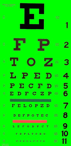 Πράσινο Snellen οφθαλμολογικό διάγραμμα που χρησιμοποιείται για τη δοκιμή όρασης - Φωτογραφία, εικόνα