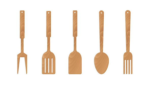 wooden spoon and kitchenware on the white background - Vector, Image