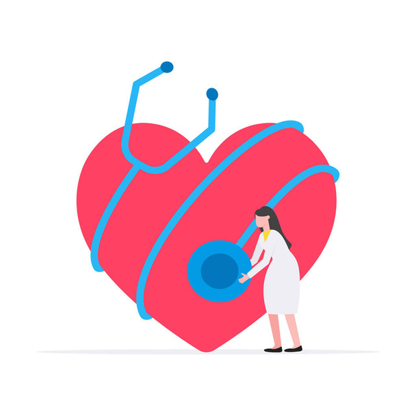Healthcare medical science concept with tiny people doctor with big stethoscope - Vector, Image