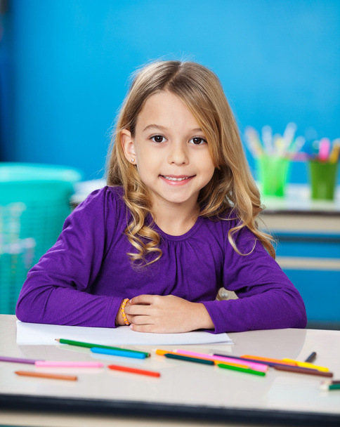 Girl With Sketch Pens And Paper In Kindergarten - Photo, Image