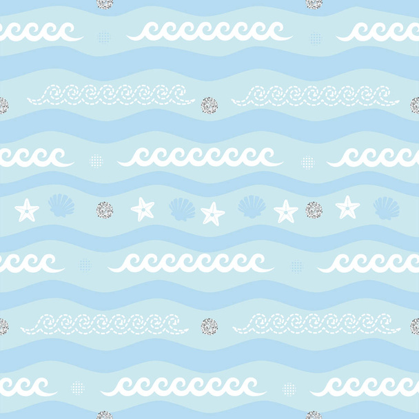 青い背景にヒトデ、波、幾何学的バブルとシームレスな夏のパターン - ベクター画像