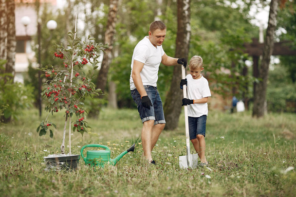 Father with little son are planting a tree on a yard - Foto, Bild