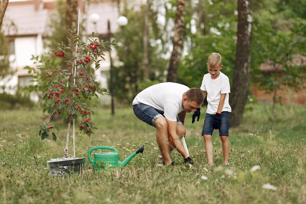 Vater mit kleinem Sohn pflanzen Baum auf Hof - Foto, Bild