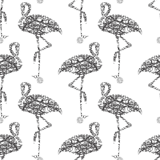 nahtloser abstrakter schwarzer handgezeichneter Flamingo aus der Linie mit silbernem Punkt-Glitzermuster Hintergrund - Vektor, Bild