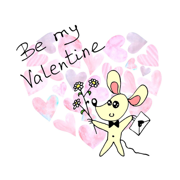 Valentine's day greeting card. A simple cute color mouse with a love letter and flowers. Doodle. For postcard, logo, badges, stationery, web - Fotografie, Obrázek