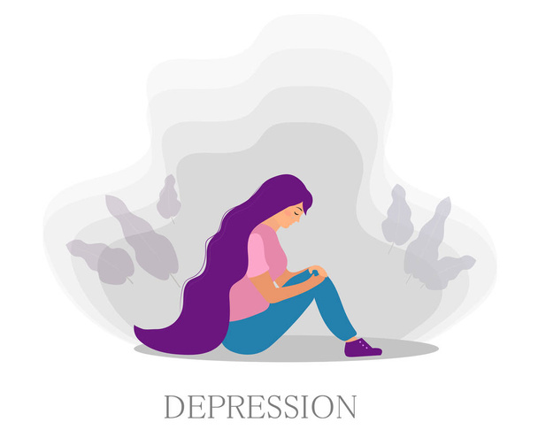 Грустная несчастная девушка, сидящая и плачущая. Депрессия, плохое настроение. Векторная иллюстрация
 - Вектор,изображение