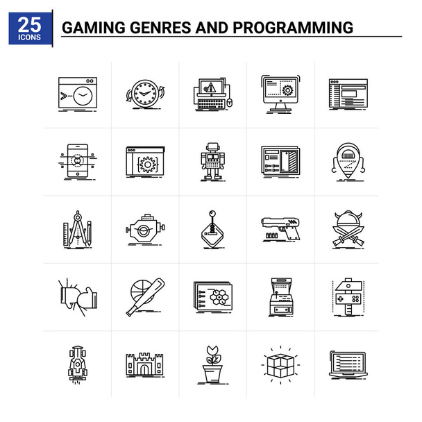 25 Gaming-Genres und Programmiersymbole gesetzt. Vektorhintergrund - Vektor, Bild