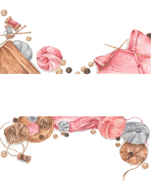Accessories for sewing and needlework concept. Copy space. Flat lay, top view. Watercolor illustration. - 写真・画像